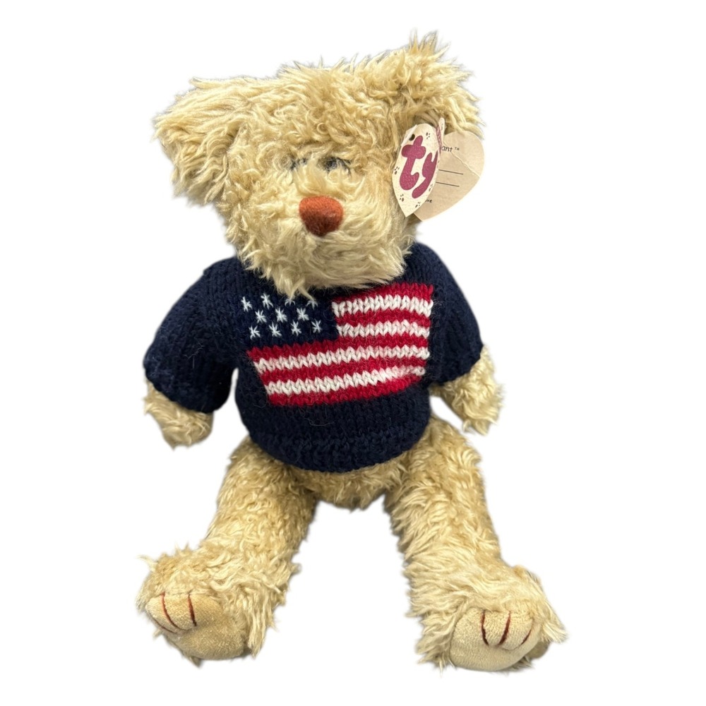 Ty Attic Treasures Grant Bear Plush 13" Tan New American Flag Sweater 1993